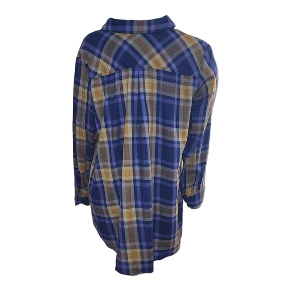 Logo by Lori Goldstein Shirt Womens Size L Large Blue Plaid Lace Detail Button - Picture 3 of 8